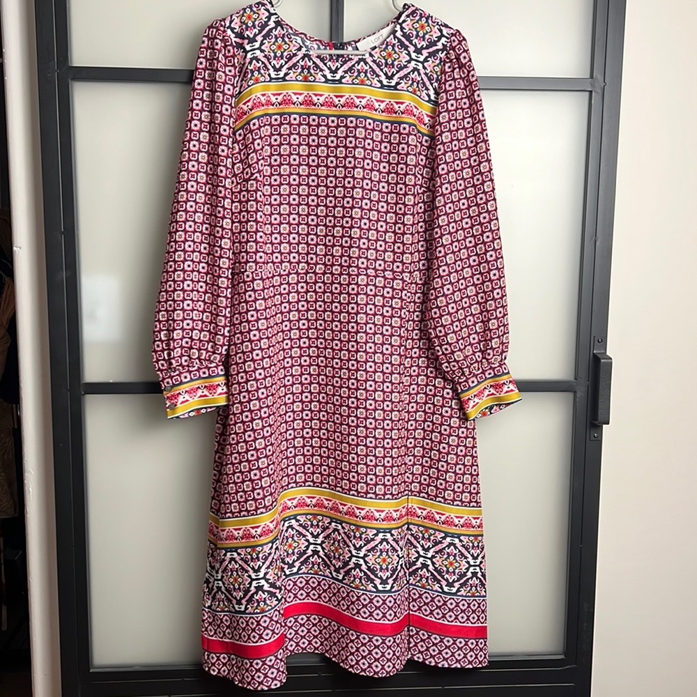 NWT LOFT Petites Mosaic Border Midi Dress Bohemian Geo Print Size 14P